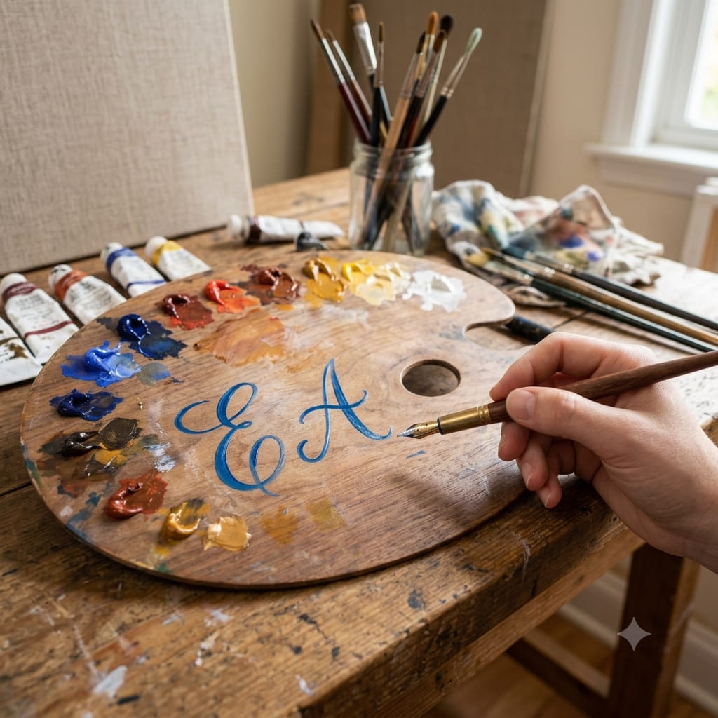 Tavolo da lavoro creativo con tavolozza e scritta EA