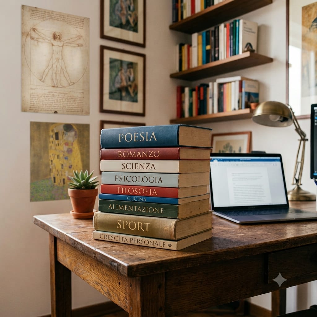 Libri su una scrivania dedicati a cultura, scienza e crescita personale